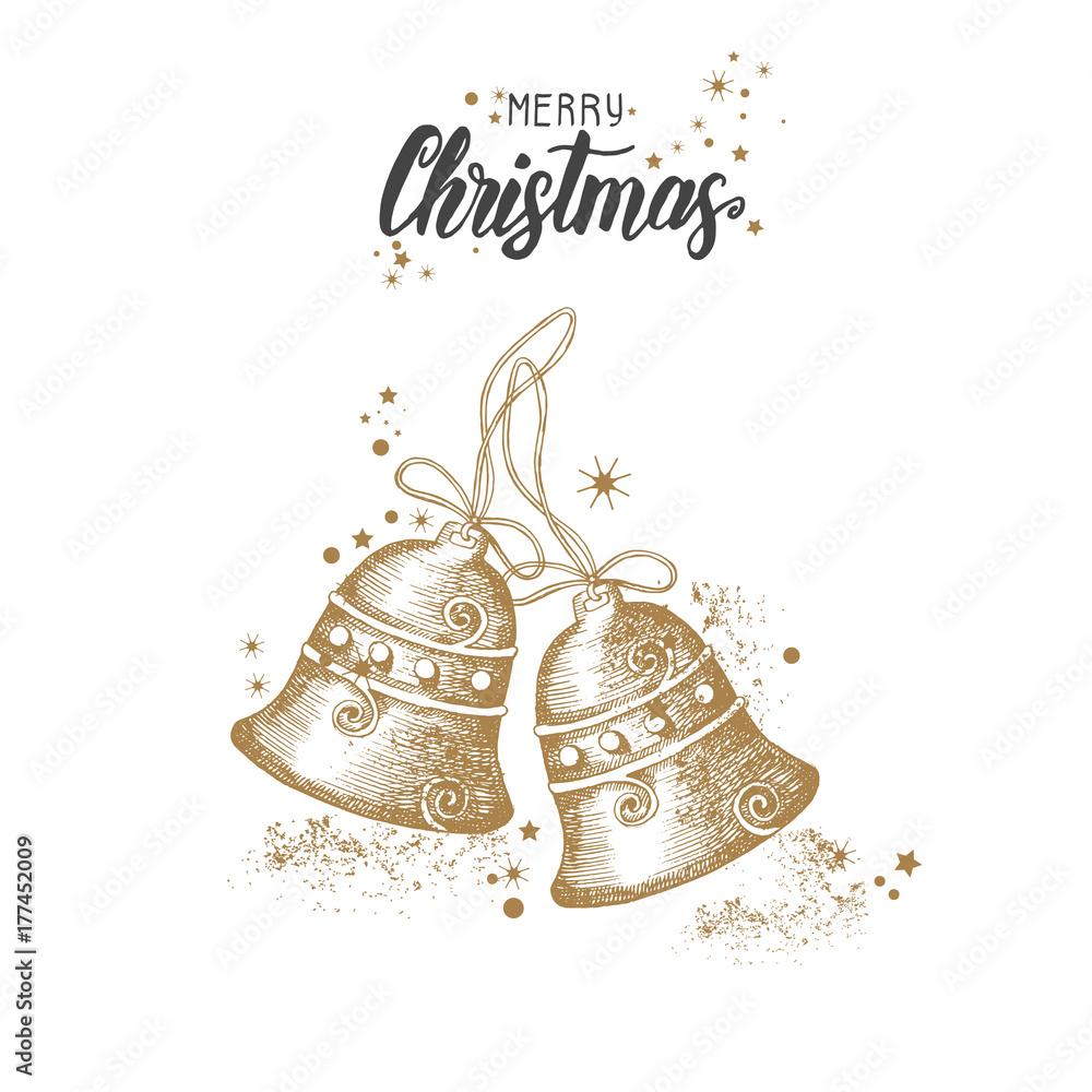 Christmas card with hand drawn doodle golden christmas bells and glitter.  Isolated on white. Hand made quote "Merry Christmas". Sketch. For banner,  poster, flyer, brochure, wed, background Stock Vector | Adobe Stock