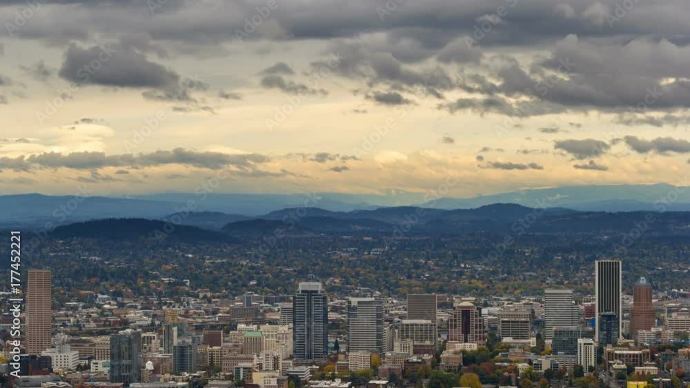 Time lapse movie of stormy clouds and sky over Portland Oregon downtown urban cityscape in beautiful Pacific Northwest colorful autumn season 4k ultra hd Time lapse movie of stormy clouds and sky over Portland Oregon downtown urban cityscape in beautiful Pacific Northwest colorful autumn season 4k ultra hd