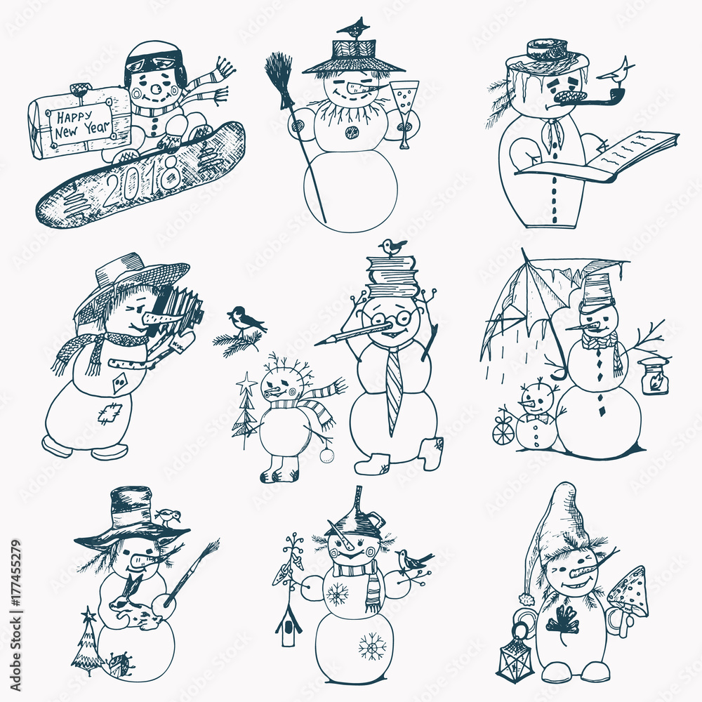 Set of winter holidays snowman in different costumes. photographer and artist with gifts. engraved hand drawn in old sketch and vintage style for label and postcards. Christmas or New Year decorations