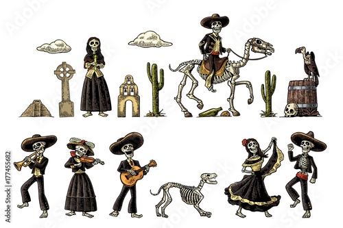Dia de los Muertos. The skeleton in Mexican national costumes