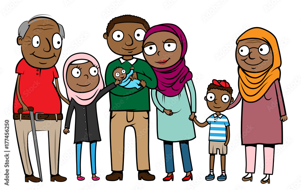 Vector illustration of big cartoon muslim immigrant family Stock Vector |  Adobe Stock