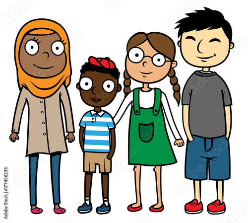 Cartoon vector illustration of happy multicultural multiracial children friends diversity concept