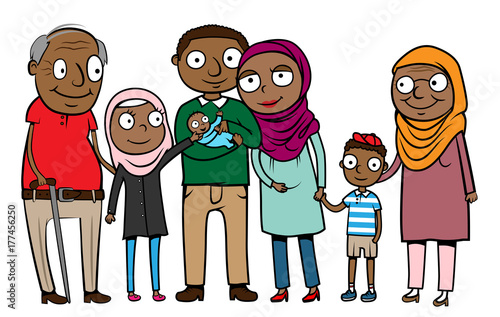 Vector illustration of big cartoon muslim immigrant family