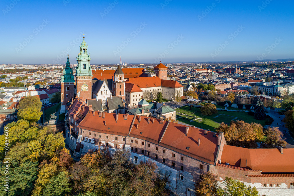 Royal Wawel Gothic Cathedral in Cracow, Poland, part of Wawel Castle, yard, park and tourists. Aerial view at sunset in fall