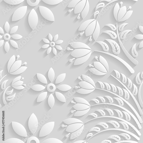 Seamless 3D white pattern, natural  floral pattern, vector. Endless texture can be used for wallpaper, pattern fills, web page  background,  surface textures. photo