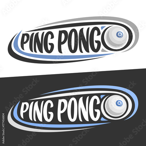 Vector logos for Ping Pong sport, flying on trajectory table tennis ball and handwritten words - ping pong on black, curved line around original typography on white background, sports drawn decoration