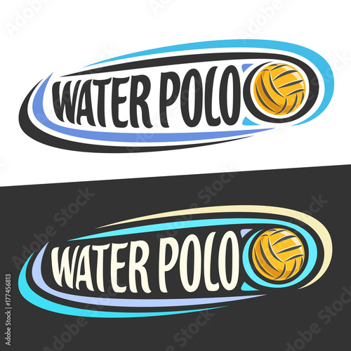 Vector logos for Water Polo sport, flying ball and handwritten words - water polo on black, curved lines around original typography for text - water polo on white background, sports drawn decoration.