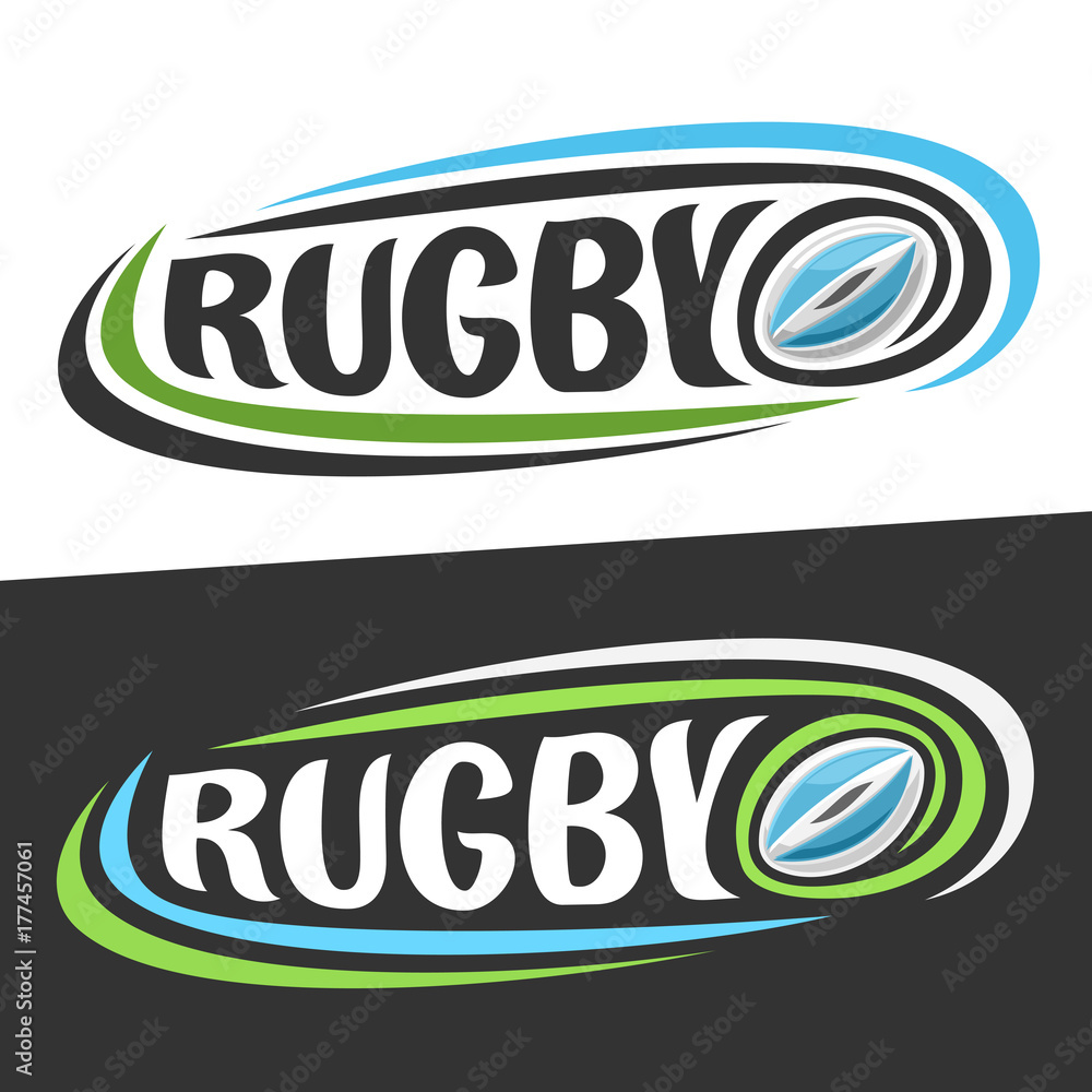 Vector logos for Rugby sport, flying blue oval ball and handwritten ...