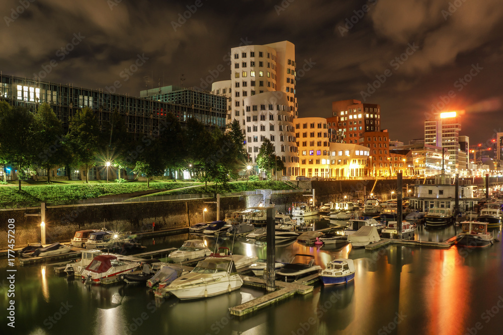 Dusseldorf, Media harbor. Area of creative architecture and harbor of small boats