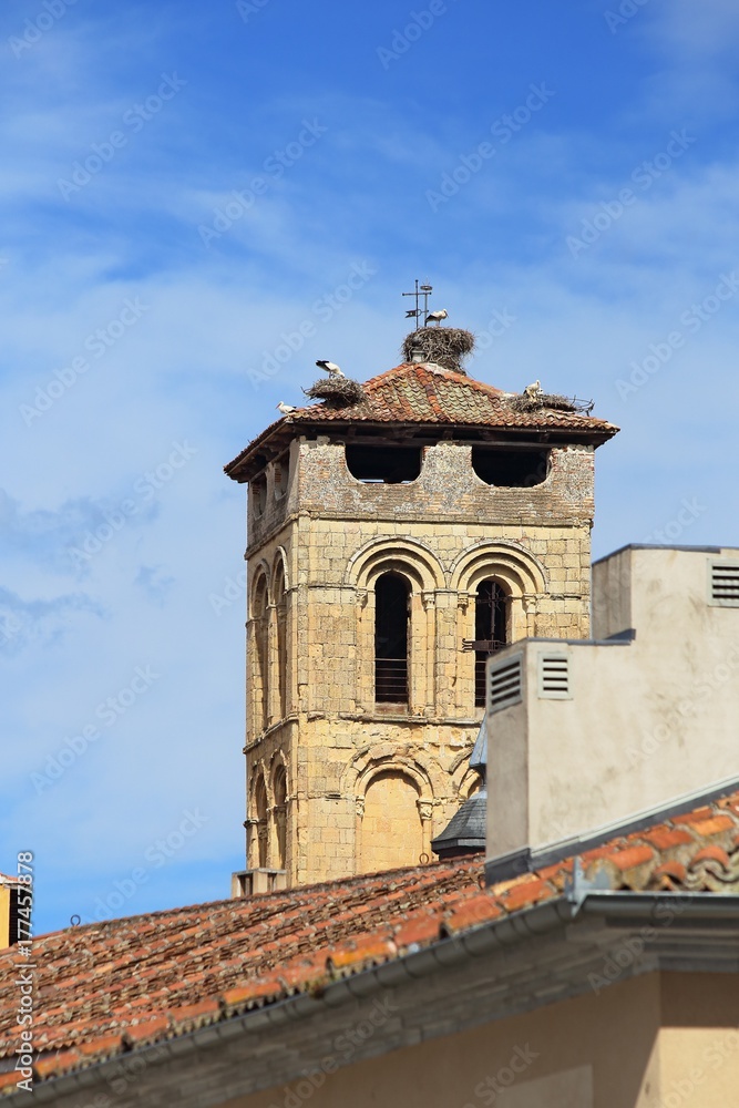 Church belltower near Segovia aqueduct, Spain
