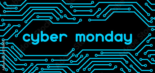 Cyber monday sale banner. Online shopping and marketing advertising concept. Pattern of microchip elements