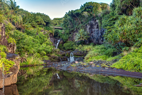 Lush , Tropical and Calm reflection in the morning at oheo gulch or seven pools , Haleakala National Park on the East side of Maui, Hawaii.