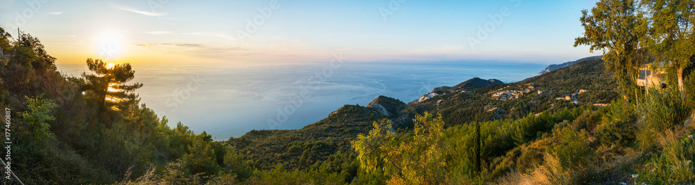 Panoramic view at Lefkada sea and mountains in suset
