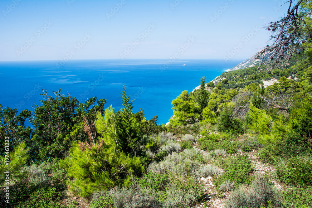 Sea in Lefkada, Greece, colorful view from forest on the sea