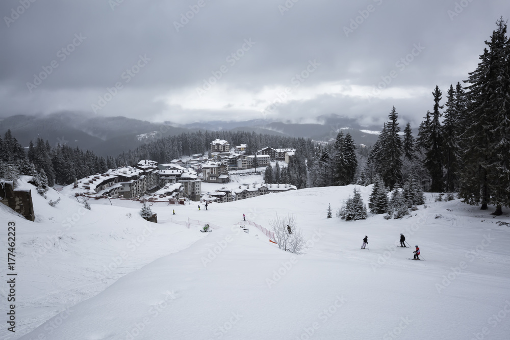 Pamporovo ski resort, Bulgaria. Winter view from the ski slope to the Studenetz ski lift and hotels.