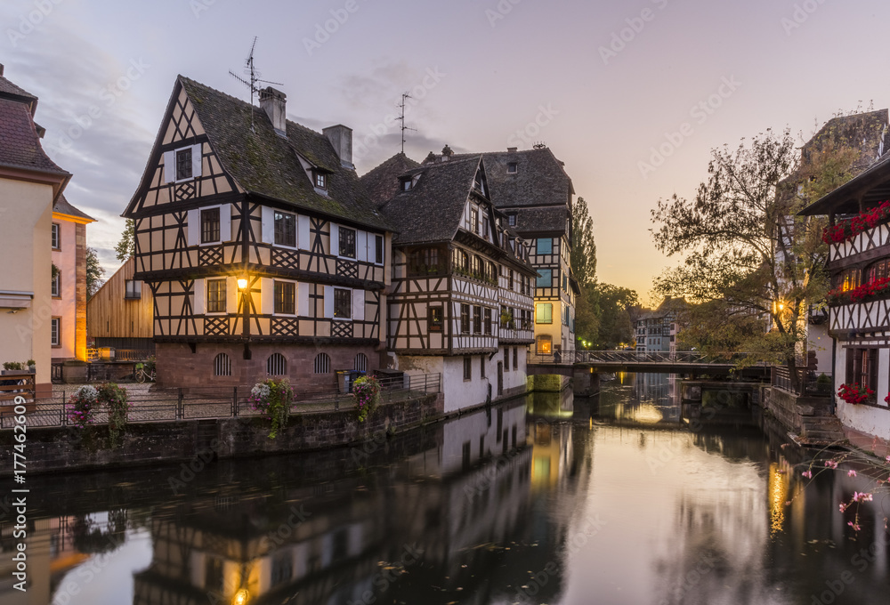 Naklejka premium Evening view of Petite France - a historic quarter of the city of Strasbourg