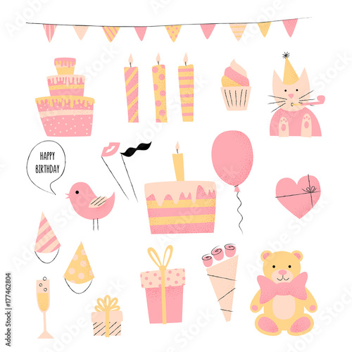 Birthday  retro icon set with present  cake and cat  happy