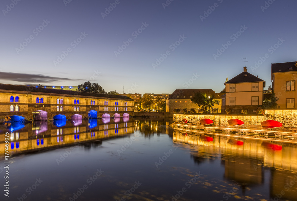 Evening view of the Barrage Vauban on the River Ill in the city of Strasbourg