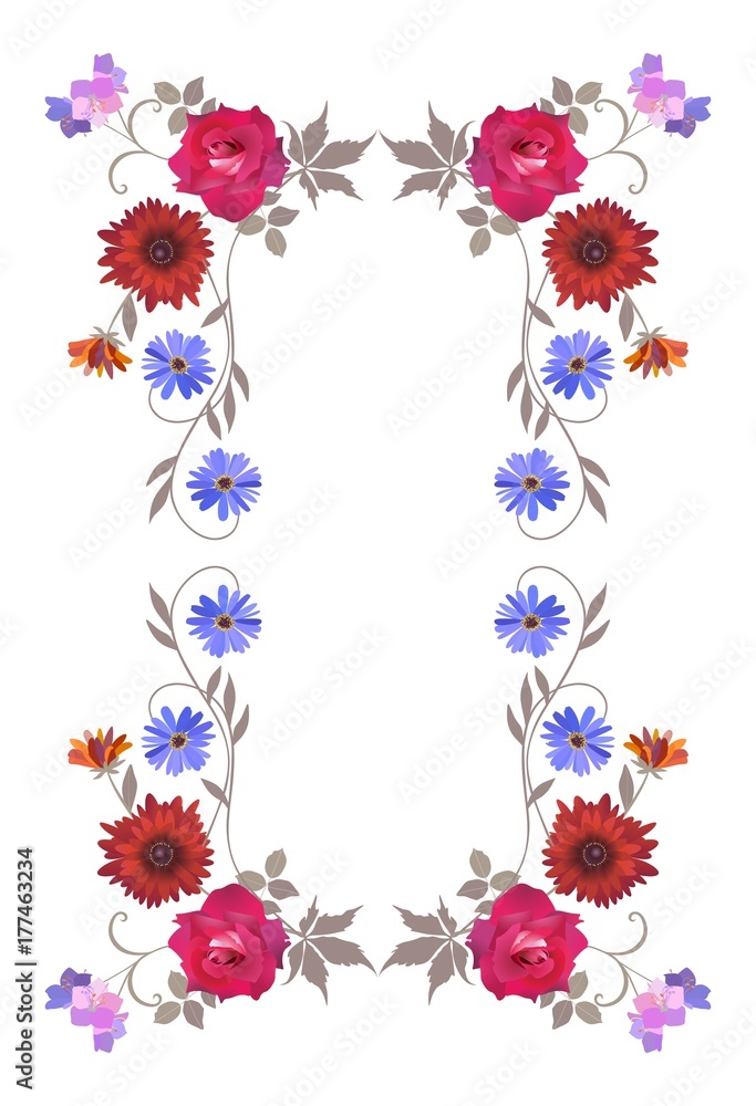 Floral composition. Red roses, lilac bell flowers and multicolor daisies. Beautiful vector illustration.