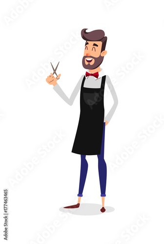 Cartoon successful hairdresser in an apron with a scissors in hand. Young stylish hairdresser with a beard. Professional fashion stilist smiling on a white background