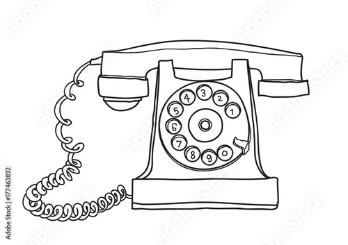 Antique Rotary Dial Telephone hand drawn vector line art illustration