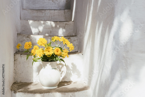 Fresh yellow flowers in white vase on white stairs photo