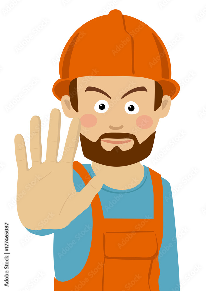 Serious construction worker man showing stop gesture Serious construction worker man showing stop gesture