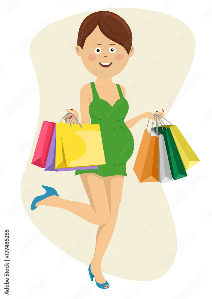 Young happy pregnant woman running with shopping bags Young happy pregnant woman running with shopping bags