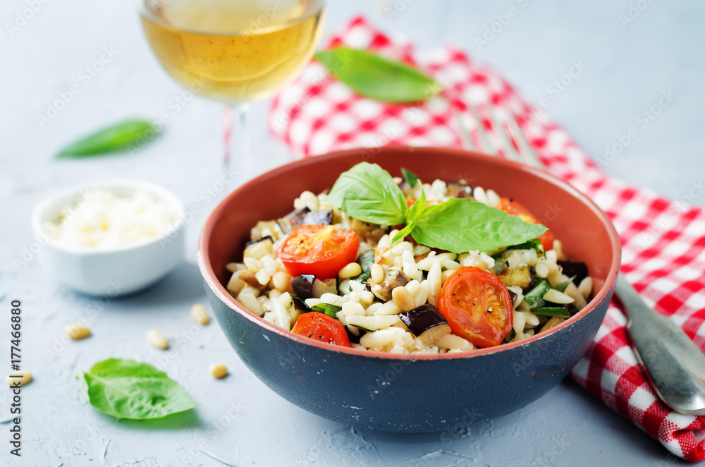 Roasted eggplant and tomato Basil orzo Roasted eggplant and tomato Basil orzo