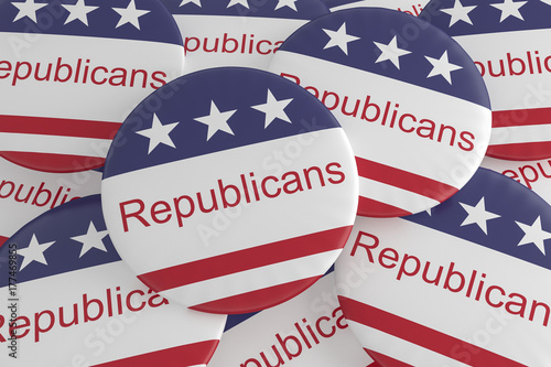 USA Politics News Badge: Pile of Republicans Buttons With US Flag, 3d illustration