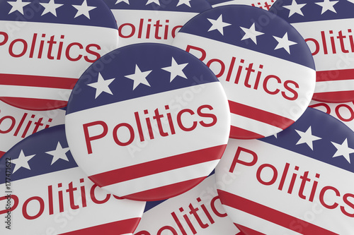 USA News Badges: Pile of Politics Buttons With US Flag, 3d illustration