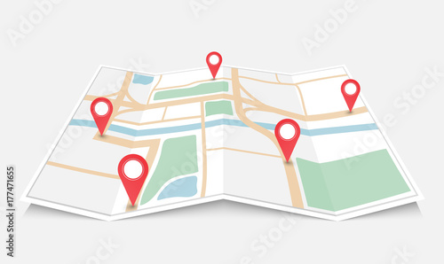 Folded paper city map with red pin pointer, vector illustration