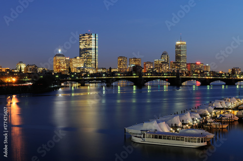 Boston Skyline at Night. Panoramic view of Back Bay  Longfellow Bridge and Charles River