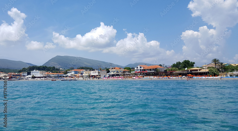 A panoramic view from the sea of the Laganas beach