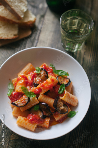 Pasta alla Norma. A typical Italian dish with eggplant and tomato.