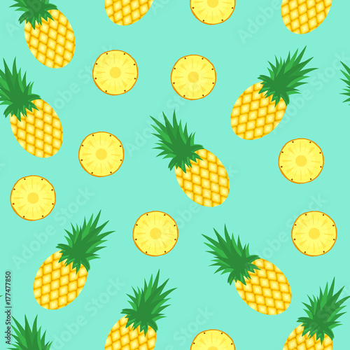 Seamless pattern with pineapples. Pineapple and slices of pineapple on blue background. Bright summer fruits illustration. Fruit design for fabric and decor
