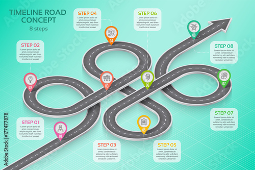 Isometric navigation map infographic 8 steps timeline concept