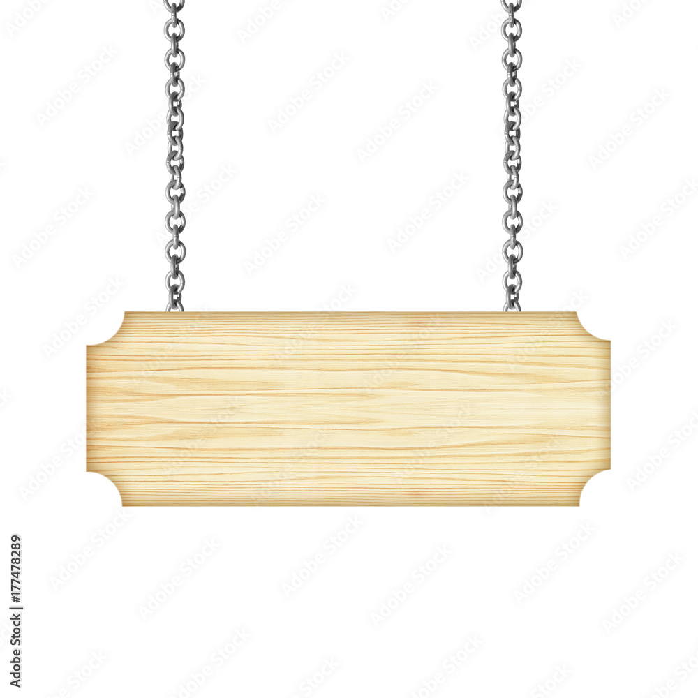 Wooden sign hanging on a chain isolated on white background Wooden sign hanging on a chain isolated on white background