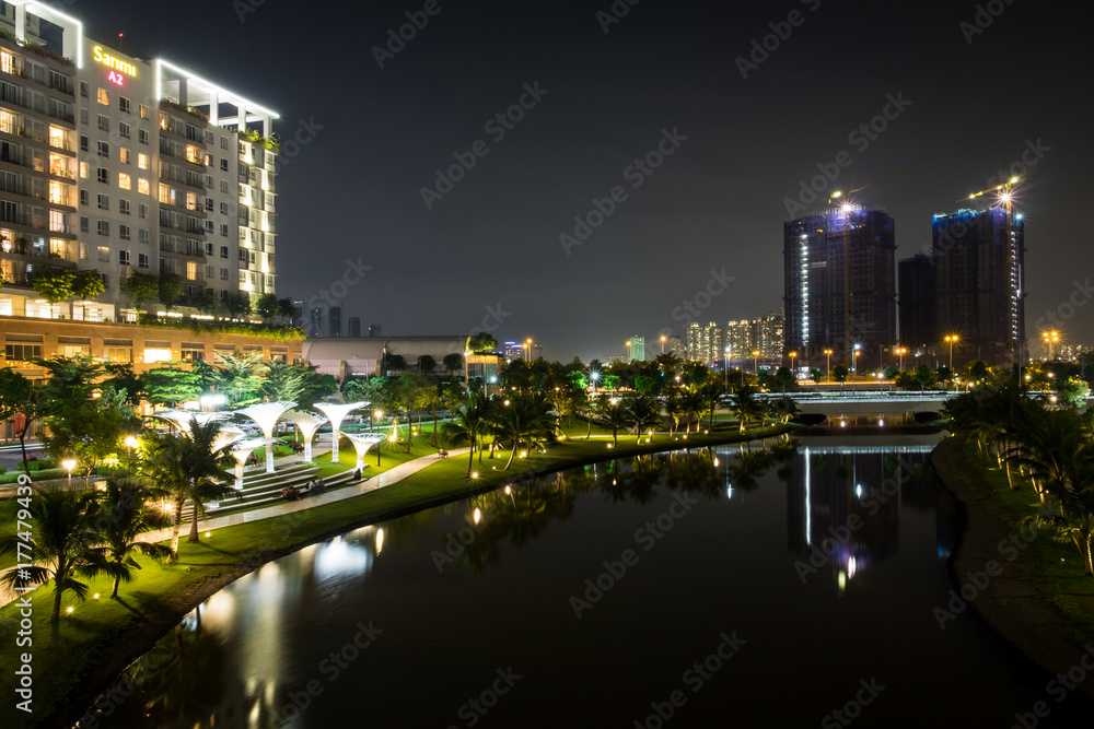 Night at the District 2 of Ho Chi Minh City, Viet Nam. District 2 is a developing area and is a good place for foreigners to live.