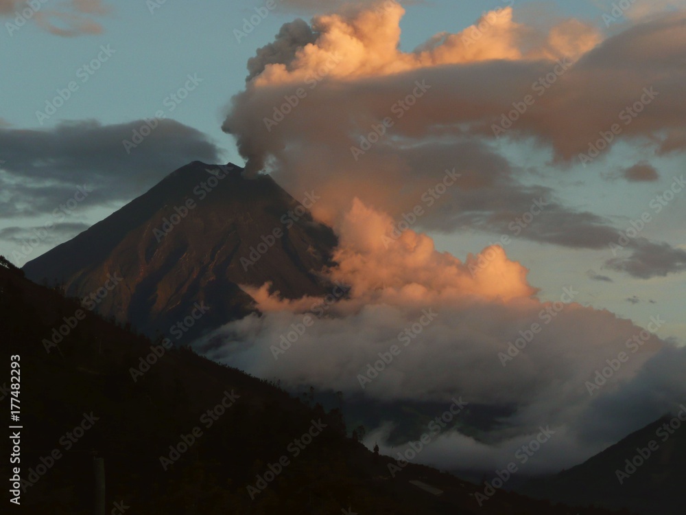 Active volcano Tungurahua in Ecuador emitting smoke and ashes
