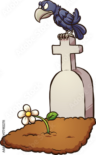 Crow sitting on tombstone. Vector clip art illustration with simple gradients. Tombstone and flower on separate layers. 