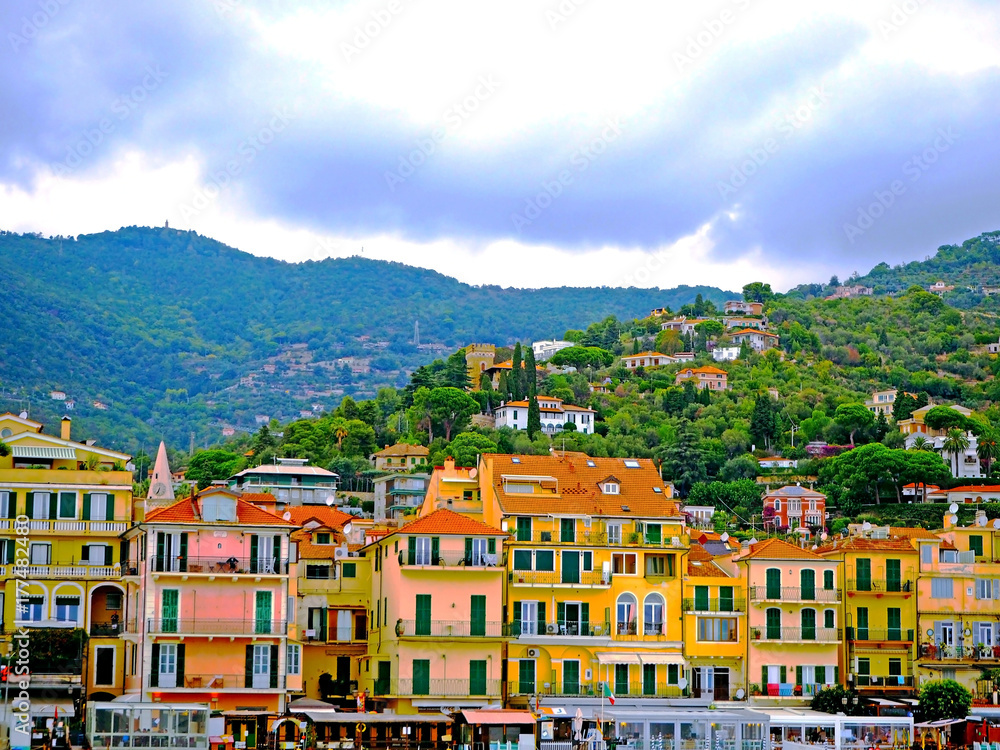 Beautiful view of town of Alassio with colorful buildings, Liguria, Italian Riviera, region San Remo, Cote d'Azur, Italy