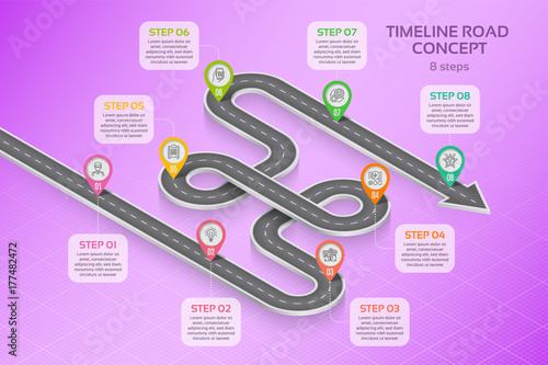 Isometric navigation map infographic 8 steps timeline concept