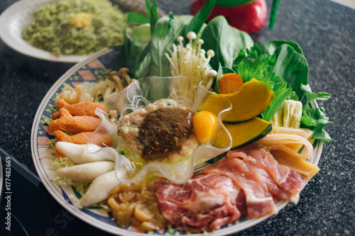 Sukiyaki ingredents in dish photo