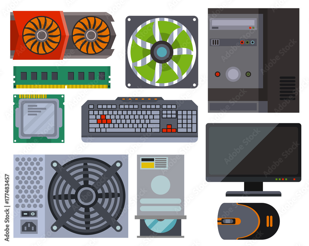 Computer parts network component accessories various devices pc processor drive hardware vector illustration. Stock Vector Stock
