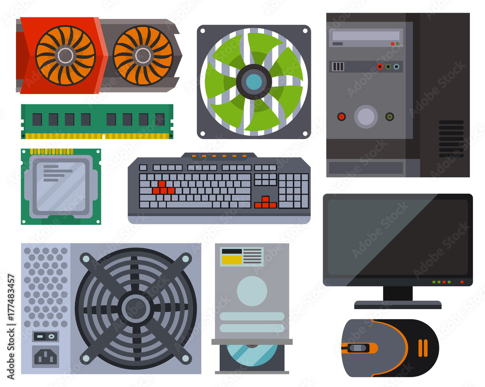 Computer parts network component accessories various electronics devices desktop pc processor drive vector illustration. Stock Vector | Adobe Stock