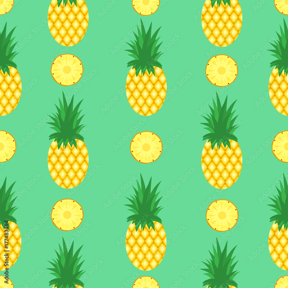 Seamless pattern with pineapples and pineapple slices on mint green background. Pineapple background. Bright tropic fruits illustration Seamless pattern with pineapples and pineapple slices on mint green background. Pineapple background. Bright tropic fruits illustration