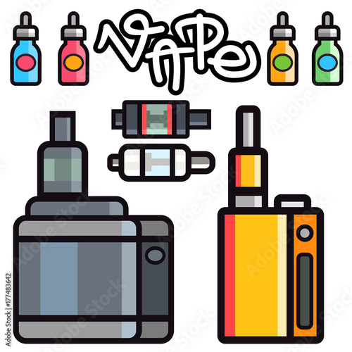 Vape device vector set cigarette vaporizer vapor juice bottle flavor illustration battery coil.