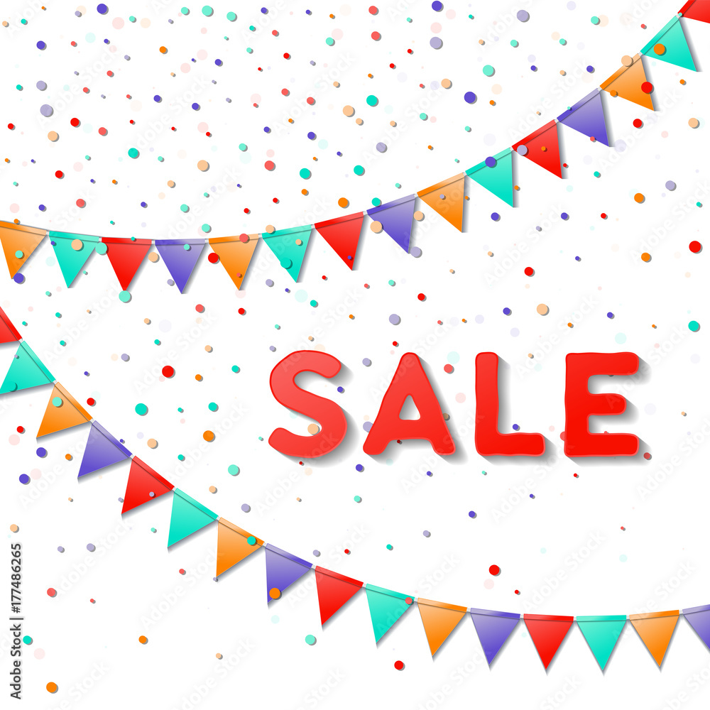 Obraz premium Bunting flags. Incredible celebration card. Bright colorful holiday decorations and confetti. Bunting flags vector illustration.