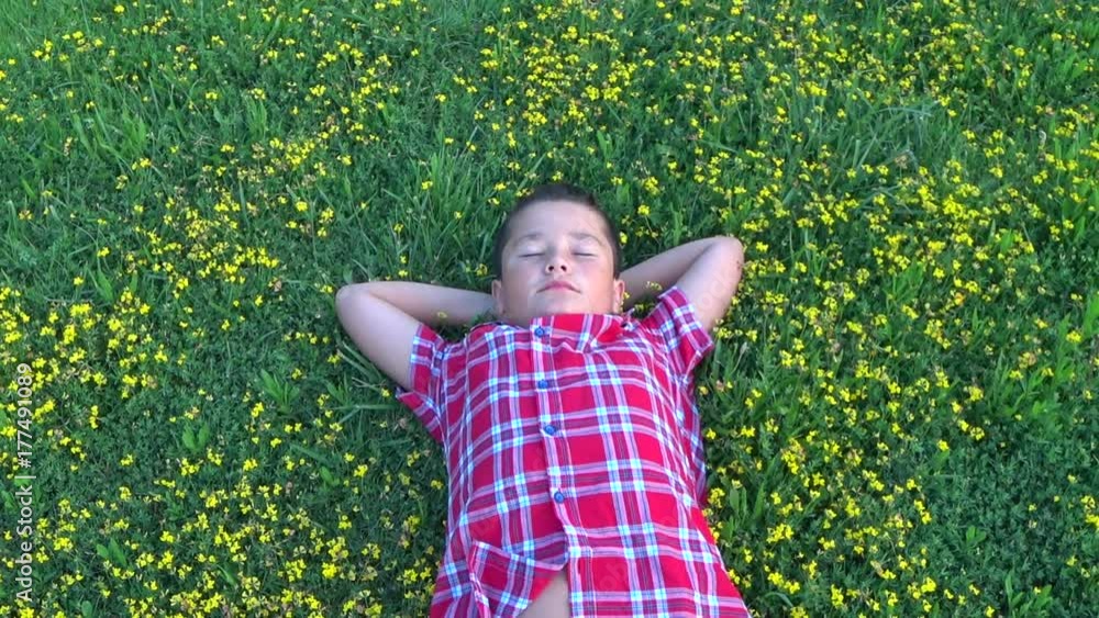 Relaxed preteen boy laying on a lawn at green parkland Relaxed preteen boy laying on a lawn at green parkland